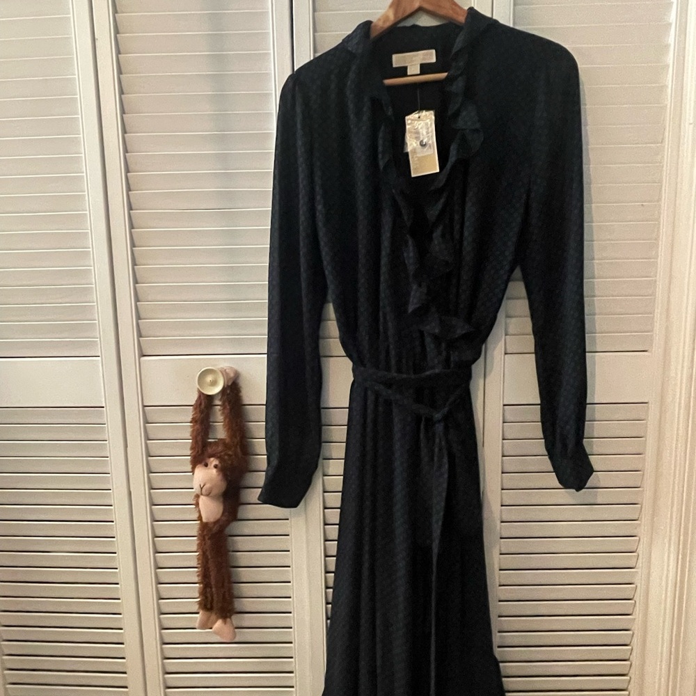 NWT $195 Michael Kors Long Sleeve Lined Black & Blue Dot Maxi Wrap Dress XL